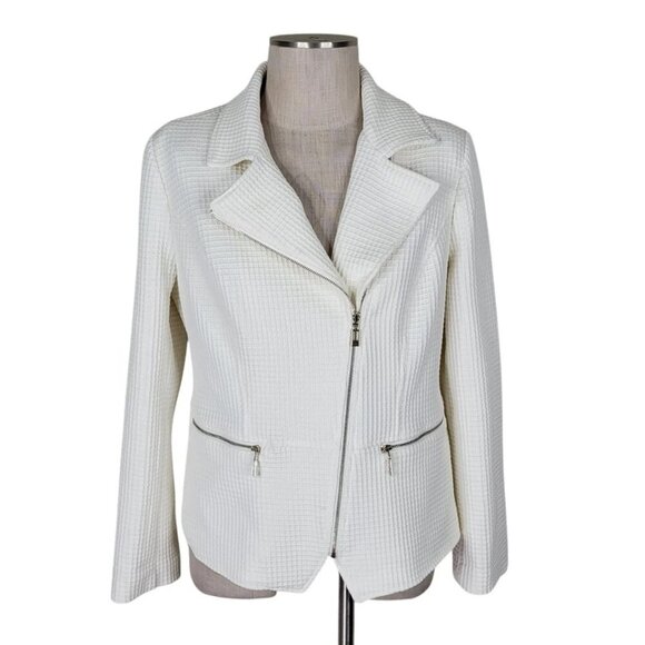 Chicos Moto Blazer Size 1 M 8 Cream Asymmetrical Zipper Waffle Knit Zip Pockets - Picture 2 of 13